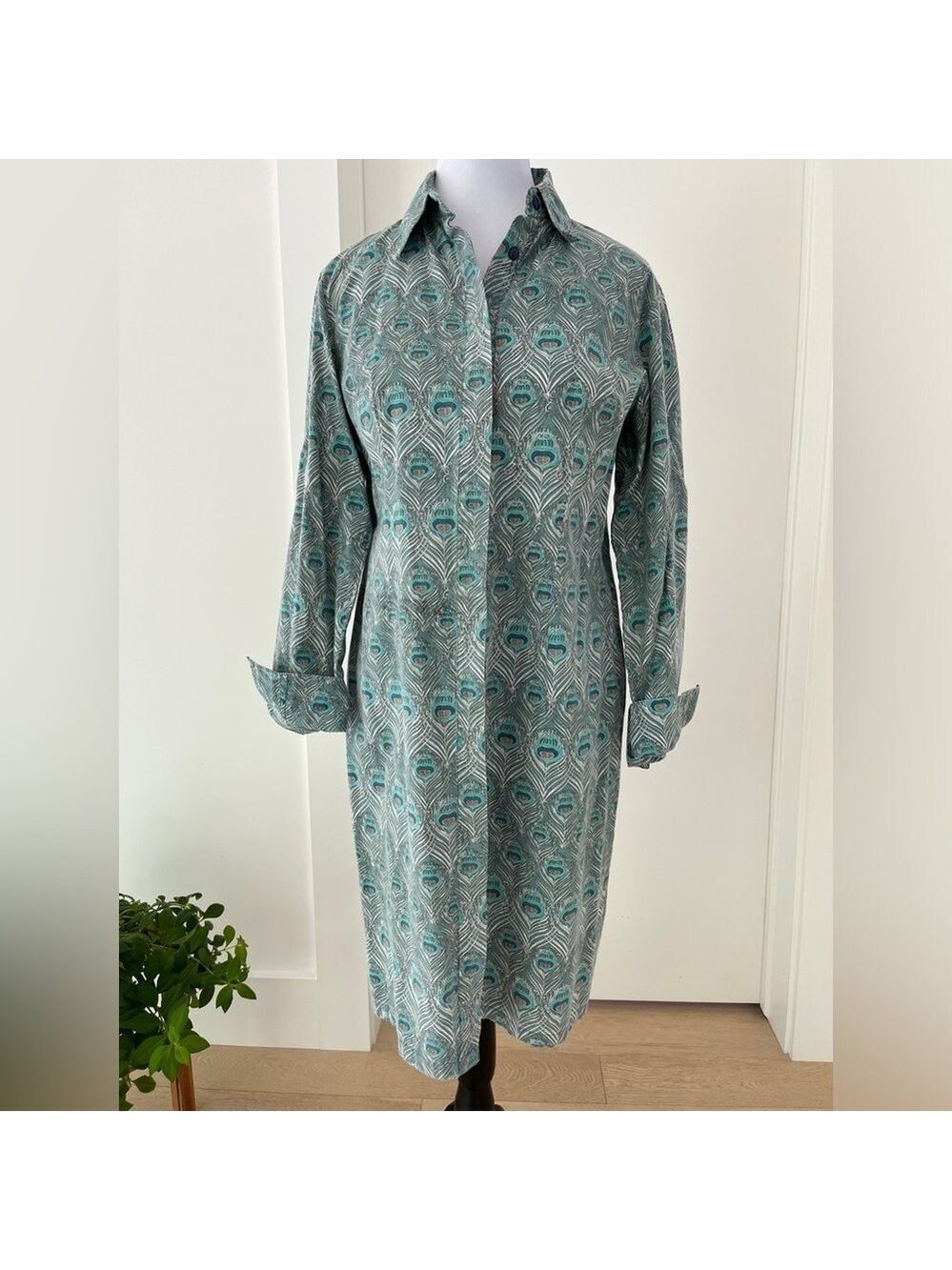 TONALA Peacock Print 100% Cotton Button Front Shirt Dress Long Sleeve Cuff Chic
